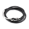 Pulsera de cuero negro de doble vuelta con cierre de gancho de acero inoxidable pulido - Estilo Gancho de Pesca Color Acero (KB62359-BD)