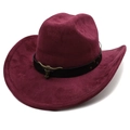 Detail of burgundy suede cowboy hat with black leather band and metal bull head emblem - M (56-58cm) / Burgundy