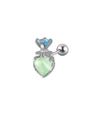 Silver steel stud earring featuring light green heart stone and sky blue round zircon - 0.8x6x3mm / Radish Style Heart - Green