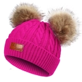 Bonnet en tricot rose fuchsia pour l'hiver avec deux pompons et écusson en cuir pour enfant - Rouge Rose