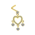 Détail macro du piercing de nez en forme de L doré avec breloques cœur et zircone - Coeur Plein Diamant Quatre Pendentifs