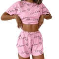 Pink two-piece summer loungewear set with Love print crop top and drawstring shorts - S / Top And Bottom / Pink Heart