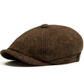 Dark brown octagonal newsboy cap with vintage linen texture and metal rivet detail - 55-59cm (Adjustable) / Dark Brown