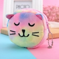 Mini round rainbow plush cat coin purse with soft fur and pink zipper detail - Cat