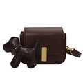Brown vintage square shoulder bag with gold clasp and cute dog charm on white background - Small / Coffee