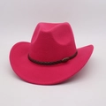 Detail of rose red felt cowboy hat with braided leather band and oval metal buckle - Rose Red