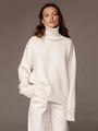 Close-up of white high neck knit sweater featuring premium wool texture and soft lighting - S / White