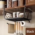 Black metal under cabinet hanging basket with paper towel holder and hooks - Classic Medium Size / Black