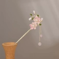 Elegant gold metal hair pin featuring pink magnolia flowers and white pearl tassel - Pink Peach Blossom V2