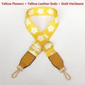 Detail of yellow floral wide shoulder strap with gold metal hooks and adjustable buckle - Yellow Flowers + Yellow Skin / Silver Hook