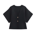 Detail view of black V-neck knitted cardigan with two decorative gold metal buttons - S / Black