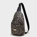 Crossbody leopard print chest bag with dual zippers and golden metal decorative plate - Leopard Black