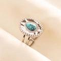 Macro shot of 304 stainless steel ring with oval turquoise stone and beaded metal details - Silver-Light Blue (Turquoise)