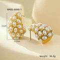 Detailed macro view showing the precise dimensions of 18K gold plated pearl teardrop earrings - Pair / Gold/White (NMSE-B848-1)