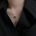 Minimalist silver necklace with double round bead pendants worn on a black shirt - Double Round Bead Y-shape Fashion Necklace