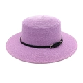 Détail de chapeau de paille lavande avec ceinture en cuir noir et boucle en métal argenté - M(56-58cm) / Violet Taro