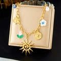 Detail of vintage gold plated stainless steel chain necklace with sun and heart charms - Sun Clover Tulip Style (N3638)