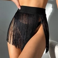 Sexy black high waist tassel beach skirt bikini cover up with fringe side slit detail - S / Black