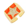 Adjustable gold copper ring featuring orange enamel rectangle with a micro-pave star - Orange - Star
