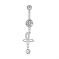Detailed view of a silver belly ring featuring a zircon-studded floral pendant design - 2695 Steel Color (Long Flower Pendant)