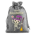 Gray burlap Halloween drawstring candy bag with cartoon skeleton wizard and Happy Halloween text - 10*14cm / Gray