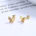 Minimalist gold butterfly stud earrings with sparkling cubic zirconia inlay in 925 silver - Gold