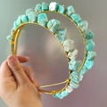 Handmade golden double-layered headband with raw light blue-green crystals - Amazonite Gold Wire Gold Headband