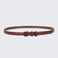 Women's burgundy slim leather belt with matching square buckle and fine texture - Fuschia