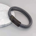 Double-layer braided leather bracelet in grey with black magnetic stainless steel clasp - Black Clasp Grey Leather