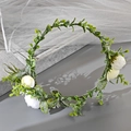 Floral hair wreath with white artificial roses and green leaves on a soft grey base - Green HS-J4363