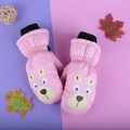 Pink winter cartoon bear mittens for kids with windproof ribbed cuffs and waterproof fabric - One Size / Pink Bear / 5-8 Years