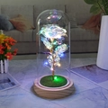 Dettaglio di rosa in foglia d'oro sotto cupola con luci LED colorate e base di legno - Base in legno Luce colorata + Erba