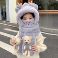 Écharpe à capuche gris lilas avec ours en peluche 3-en-1 et cornes de cerf pour l'hiver - Enfant / Ensemble 4 pièces amélioré (Avec ours) / Gris