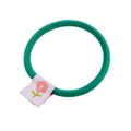 Close-up of green elastic fabric hair tie with pink flower pattern on a fabric label - 5# Green Elastic Hair Tie