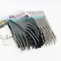 Rainbow plaid mohair scarf in grey and green tones with fringes on white magazine - 008-Cold Grey Green Black Plaid