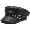 Classic black leather flat top beret hat with decorative silver buckle and strap - One Size 58cm / Black Leather Belt Style