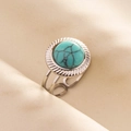Detail of adjustable silver ring featuring a round green turquoise stone inlay - Silver Light Blue Turquoise Style / Silver Light Blue (J566-S-LB)