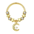 Golden nose ring with stars, white zircons and a moon pendant with a pearl - Gold