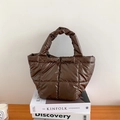 Chic dark brown puffer handbag with quilted design and glossy finish for women - Coffee