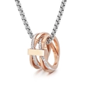 Hip hop layered necklace with rose gold triple-ring pendant and silver braided chain - Rose Gold and Silver Two-tone Three-ring Style (KN31264-KC)