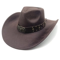 Detail of western cowboy hat featuring a leather band with rivets and a bull head metal buckle - Striped Coffee