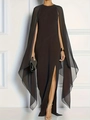 Robe de soirée élégante grande taille noire avec cape en mousseline et fente - S / Noir