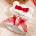 Festliches rotes Karo-Weihnachtscap mit weißer Kunstpelzkapuze und Samtschleife - XS / Rot Kariertes Cape