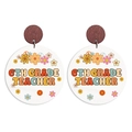Macro detail of wooden earrings with 6th Grade Teacher floral print on white circle charms - 6th Grade Teacher (Stud)