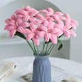 Handmade crochet pink lily bouquet with green leaves in a blue geometric vase - Blooming Tulip Light Pink