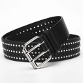 Punk black leather belt with triple-row silver rivets and star cutouts, silver double pin buckle - 107cm / Black