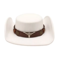 White wool felt cowboy hat with upturned brim and vintage bull head leather band - One Size / White (With Brown Bull Head Band)