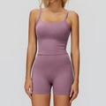 Set yoga due pezzi color malva con canotta corta e pantaloncini sportivi arricciati - Taglia S / Canotta+Pantaloncini-Malva Medio