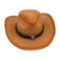 Western-Strohhut in Hellbraun mit Ethno-Band und silbernem Stierkopf-Ornament - Khaki Stil 1 (Stierschädel)