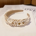 Champagne padded headband with baroque shells and pearls for a bohemian holiday look - Style P (Beige Satin Pearl Shell)